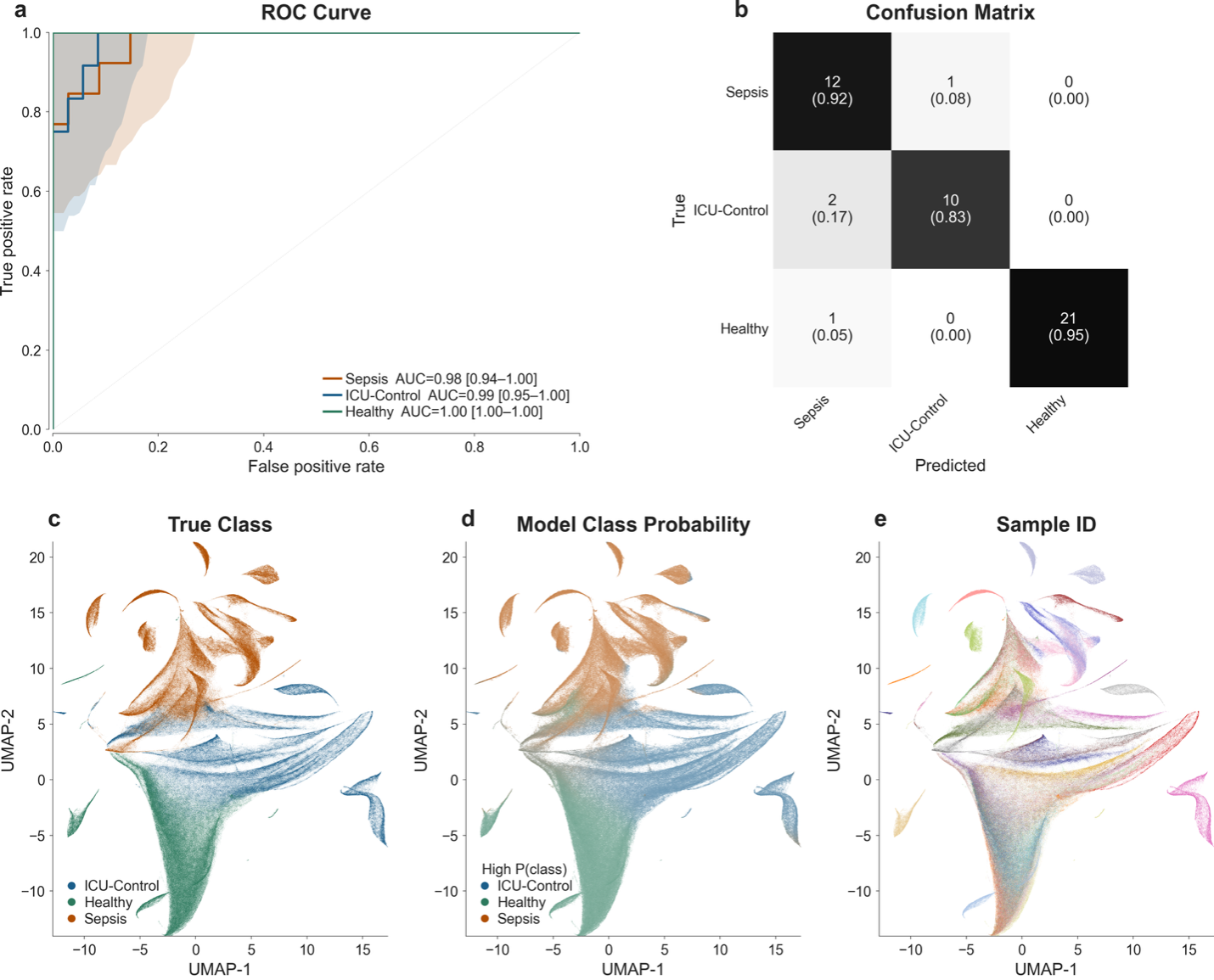 (a) One-vs-rest ROC curves, (b) confusion matrix, and (c-e) UMAP embeddings for the 3-class model